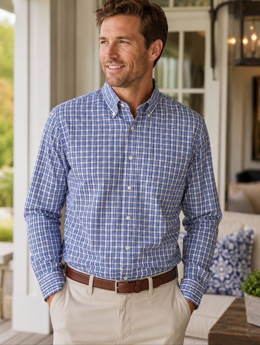 Peter Millar XL Blue Yellow Plaid Button Down Cotton Shirt Men's